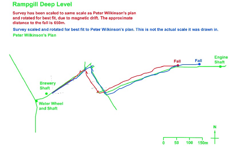 Rampgill Deep Level Plan with Survey V3.jpg - The drawn up survey superimposed on Peter Wilkinson's plan of Rampgill Deep Level.